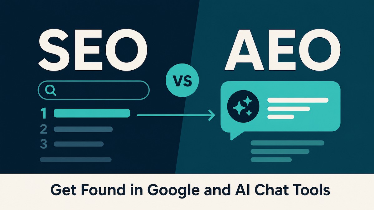 SEO vs AEO comparison graphic showing search engine rankings on one side and an AI chat answer on the other, with the text Get Found in Google and AI Chat Tools